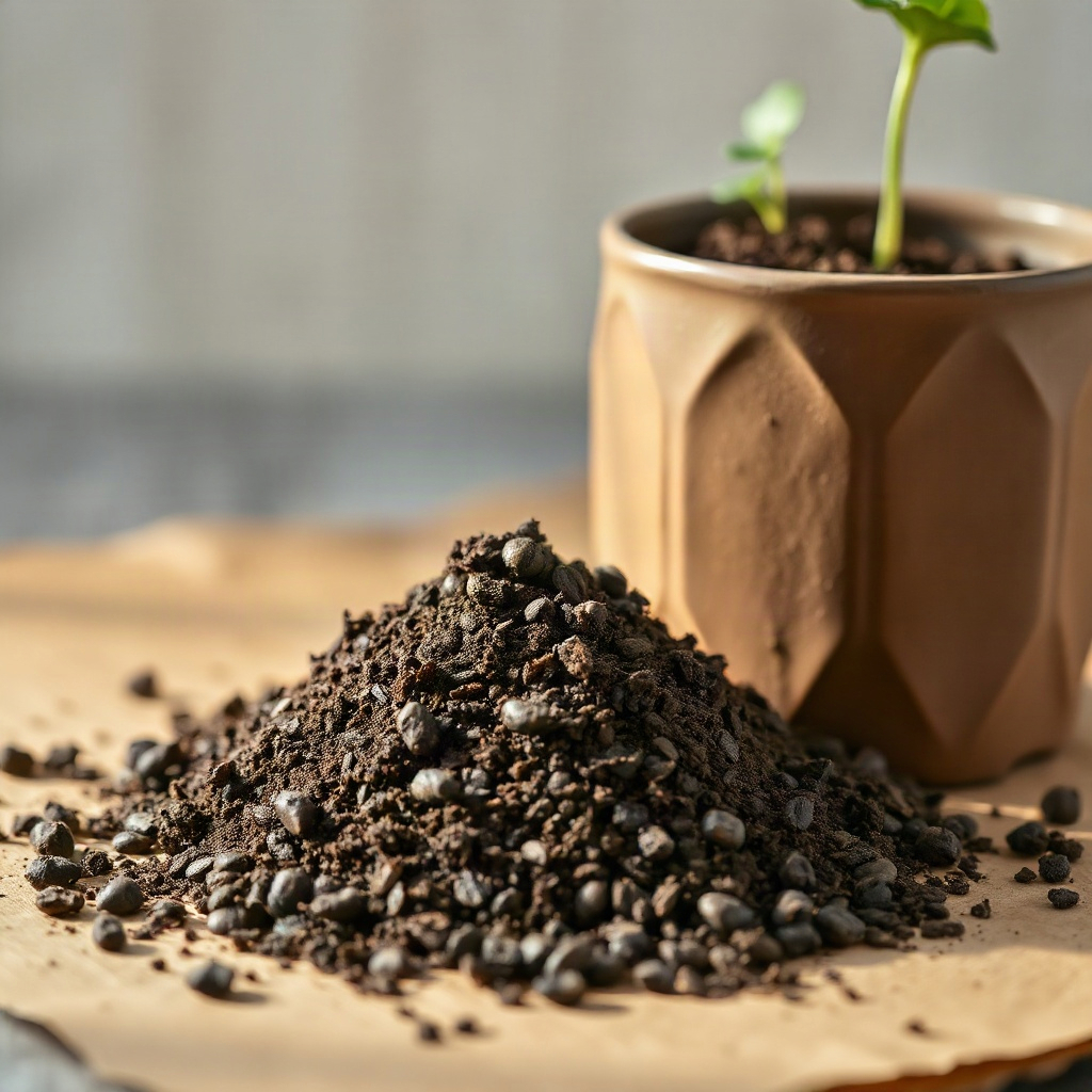 Worm castings beside a seedling